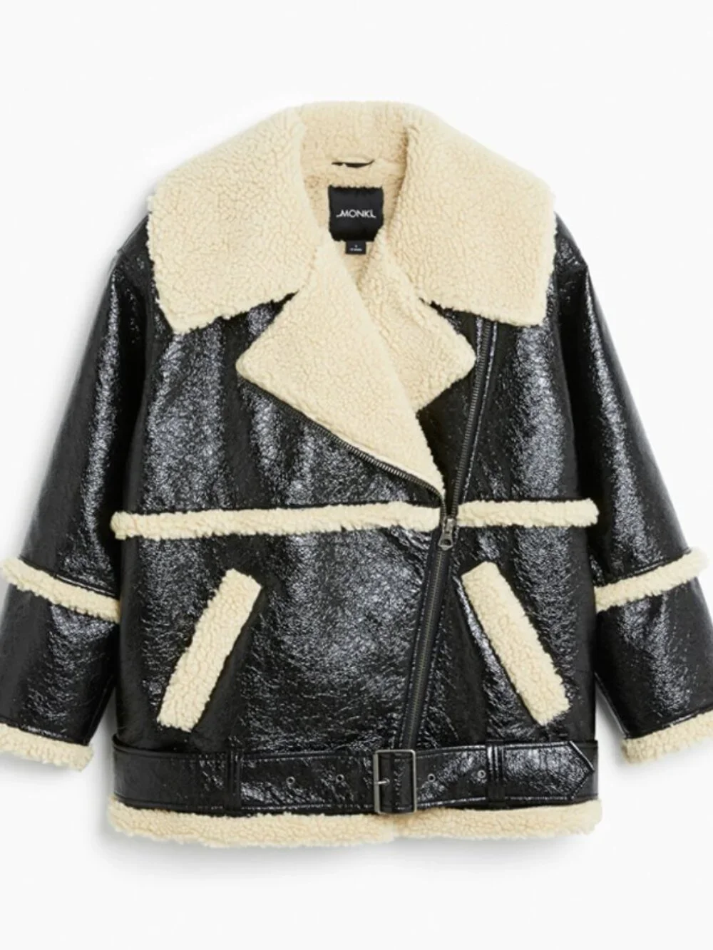 Monki Oversized Faux Leather with Shearling Aviator Jacket Size Small